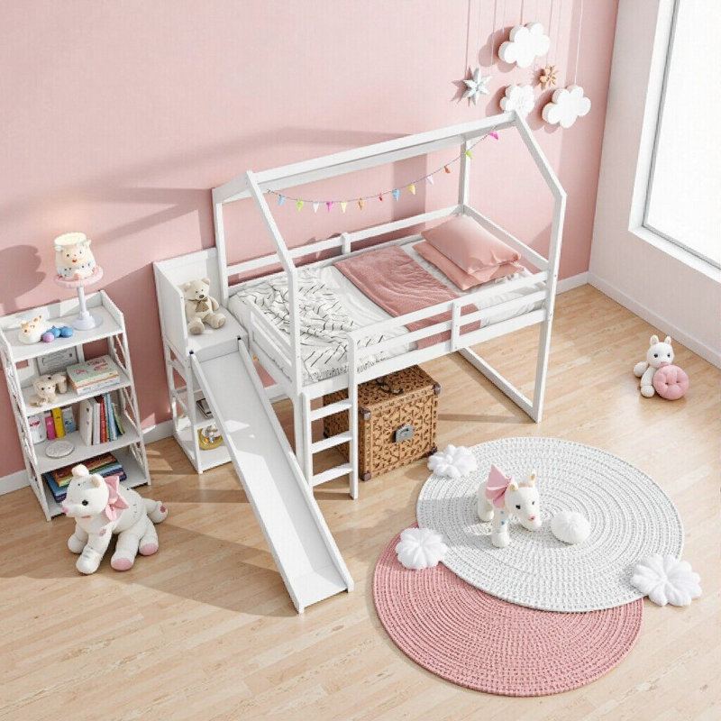 Lit mezzanine simple en bois avec glissade, tablettes de rangement, rampe d'éclairage et rampe - couleur bois, Blanc