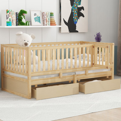 Wood Daybed With Fence Guardrails And 2 Drawers, Split Into Independent Floor Bed & Daybed