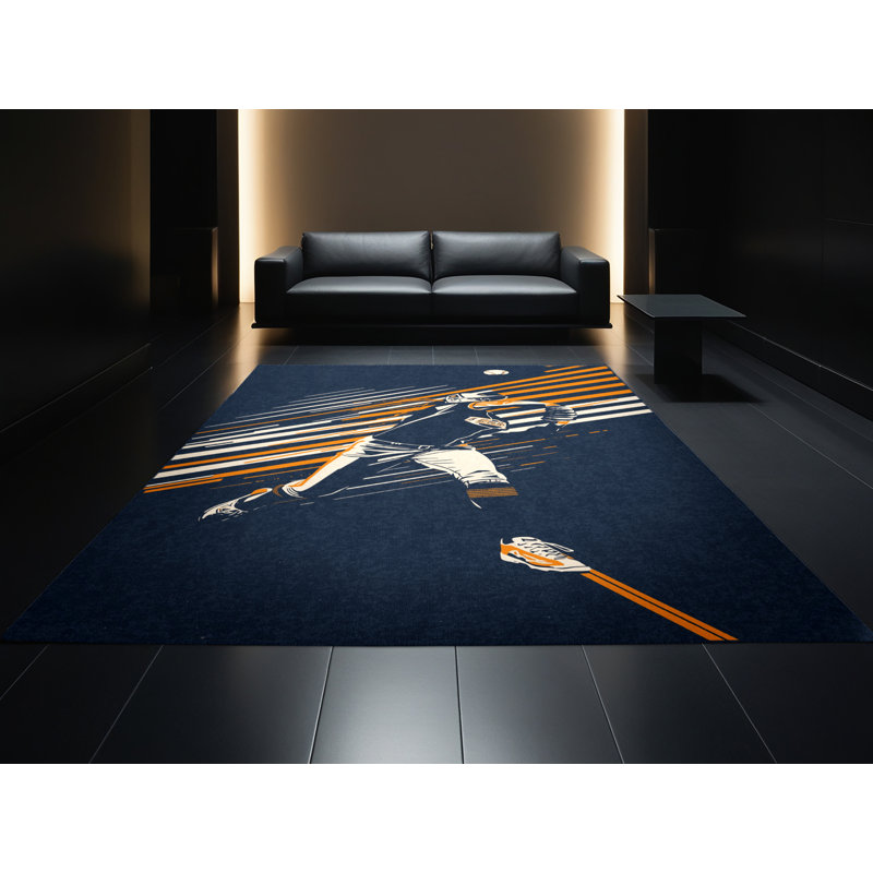 Machine Washable Hambrook Softball Pitch Modern & Contemporary Striped Rug in Gray – Navy Binding, 8x10