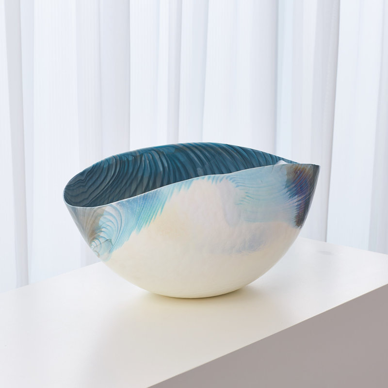 Ivory Turquoise Feather Swirl Oval Bowl-Lg