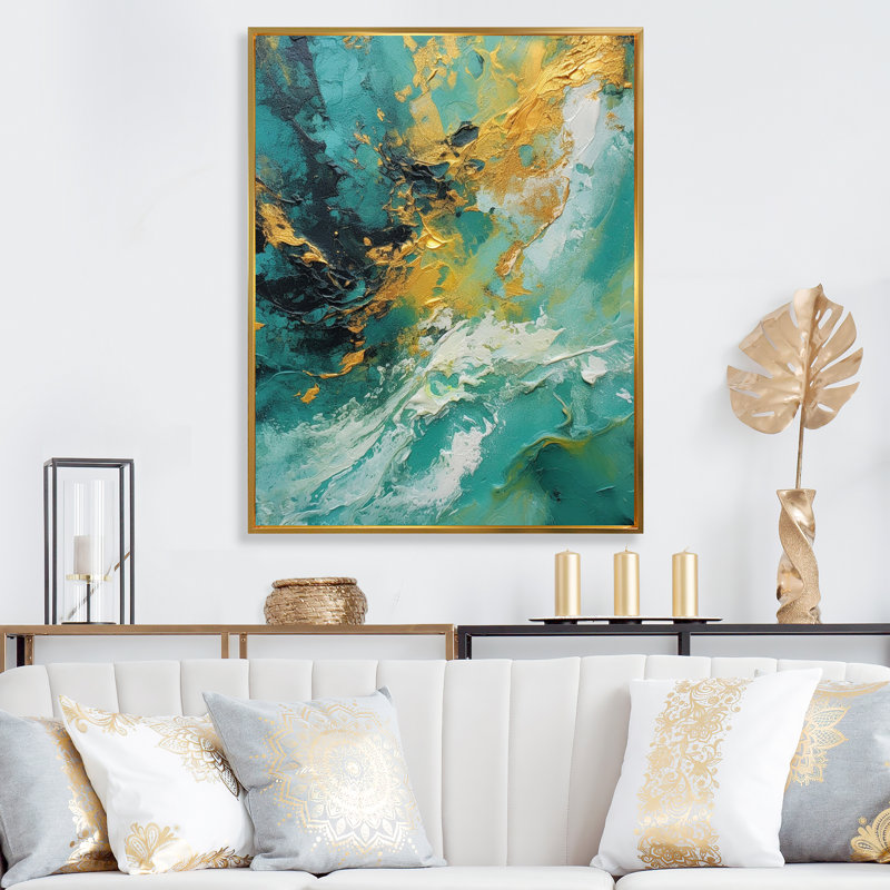 «Golden Turquoise Waves Breaking Abstract I», reproduction d'art sur toile, H 20 po x l 12 po x P 1 po, Cadre flottant doré