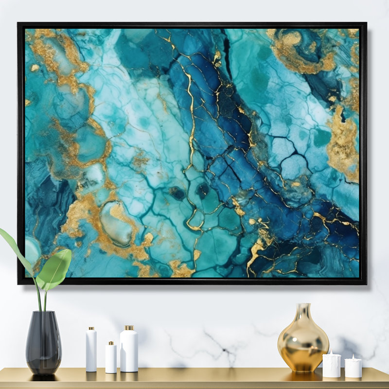 Turquoise luxueux, art fluide abstrait VII - Art abstrait encadré, 12" H x 20" W, Gold Picture Framed