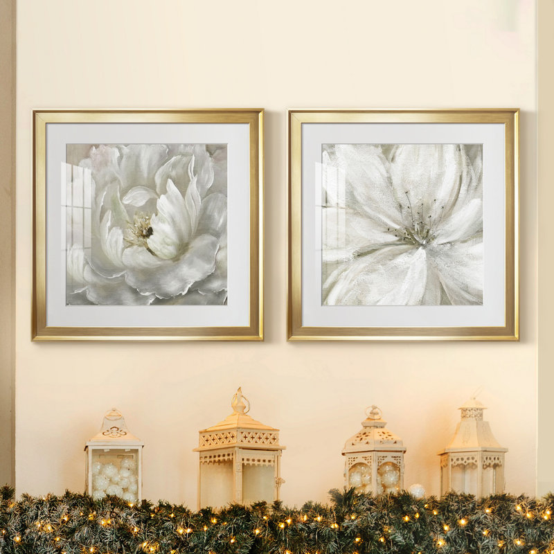 Pivoine parfaite - ensemble de 2 cadres photo sur papier, Papier encadré doré, H 17,5 po x l 35 po x P 1,5 po, Blanc