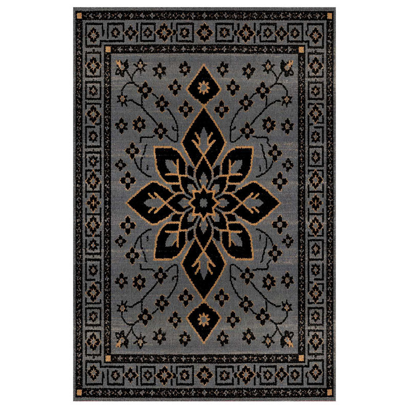 Gretell Collection Digital Print Cotton-Polyester Gray Floral Rug, Runner 3'4" x 14'10"