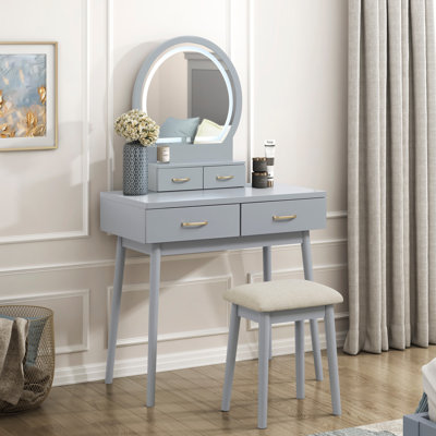 Gray Finish Vanity Dresser Set With Mirror, Stool, Storage Drawers, And LED Light | Gift Idea