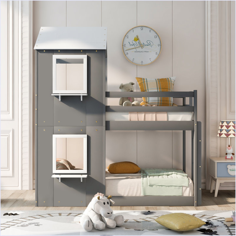 Lit superposé simple au-dessus d'un lit simple en bois avec toit, Gris