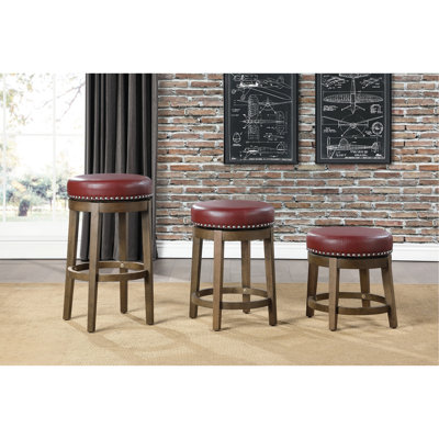 2 Counter Height Stools, Red Faux Leather Seat With 360-Degree Swivel And Nailhead Trim, Solid Wood Frame In Brown For Dining Room Stools   Of 2 , 360 & Finish Home