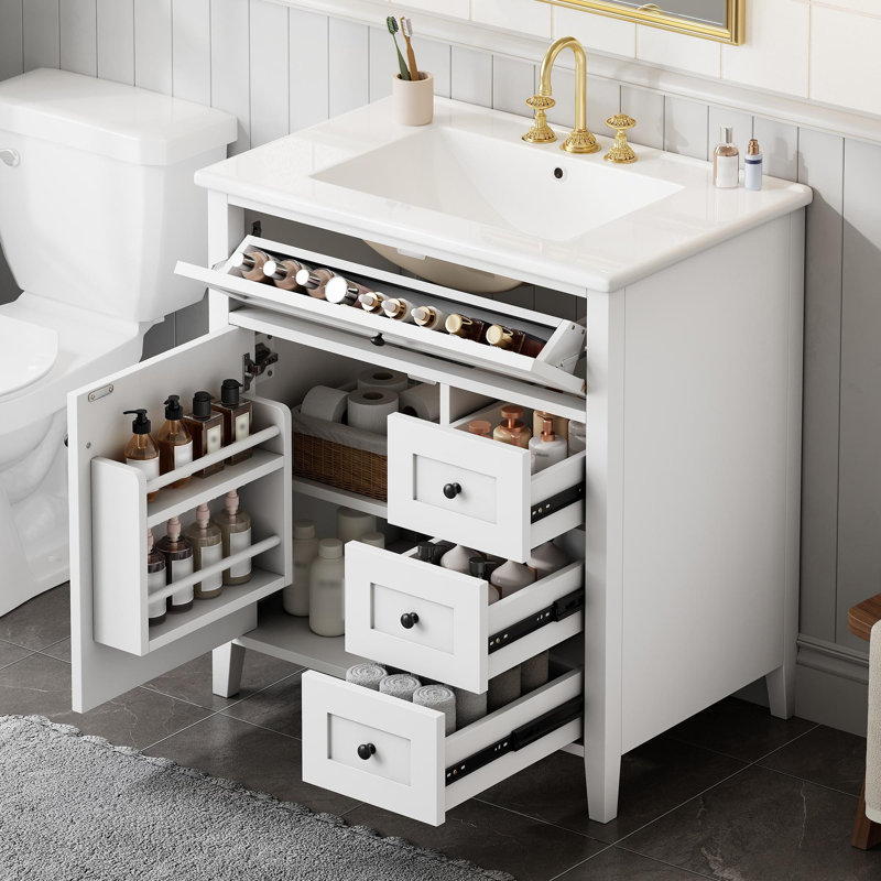 Meuble-lavabo autoportant de 30 po avec lavabo et rangement multifonctionnel, Blanc, 30