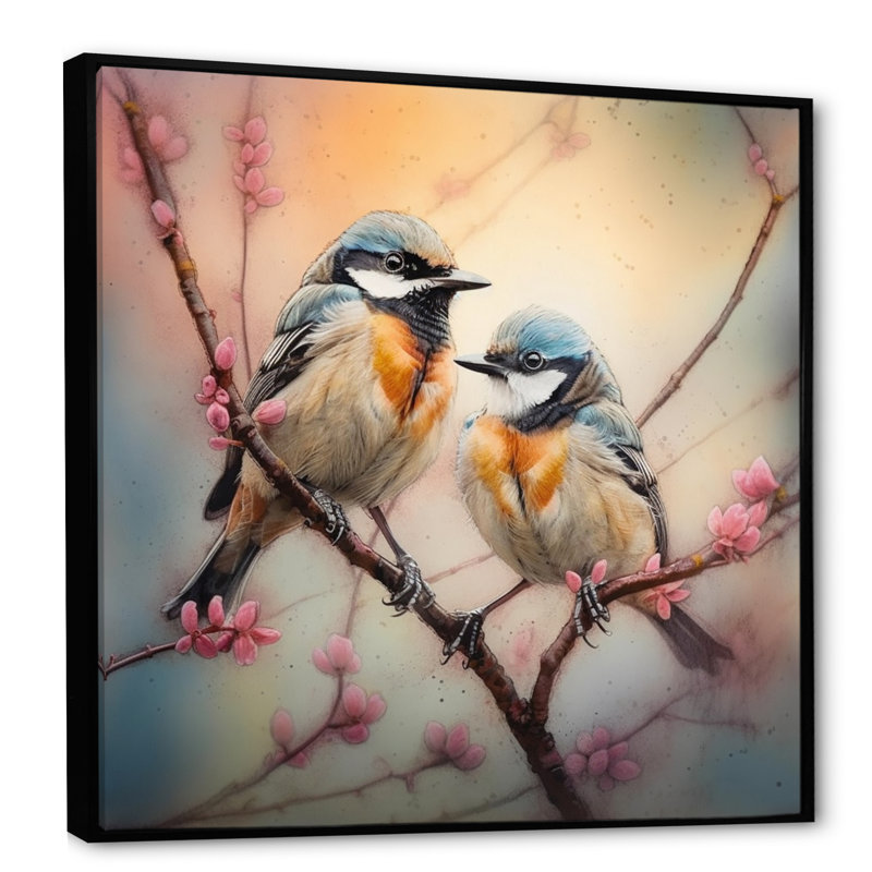 Deux oiseaux bleus sur un arbre en fleurs II - Art mural floral pour salon, H 30 po x l 30 po, Cadre flottant noir