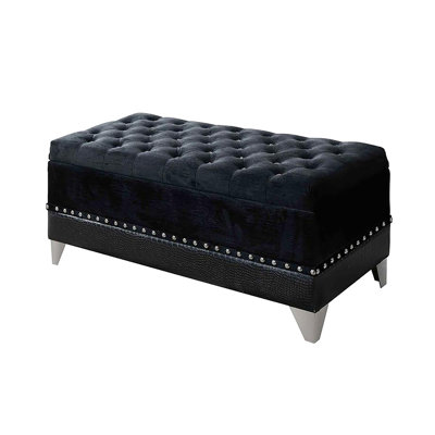 Elegant Black Trunk With Upholstery And Silver Nailhead Accents - Luxury Feel Stylish Mirror Legs Attractive Trim Glamorous Look