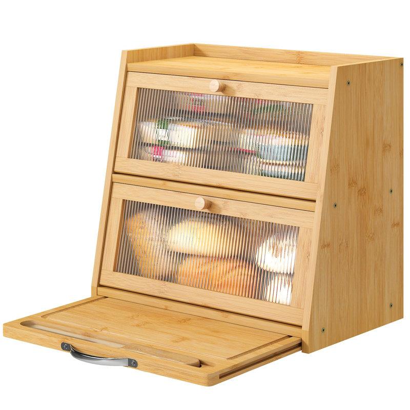 Boîte à pain pour comptoir de cuisine, boîte à pain avec planche à découper, bac à pain en bois de bambou de grande capacité avec panneau de porte ondulé en acrylique (naturel)
