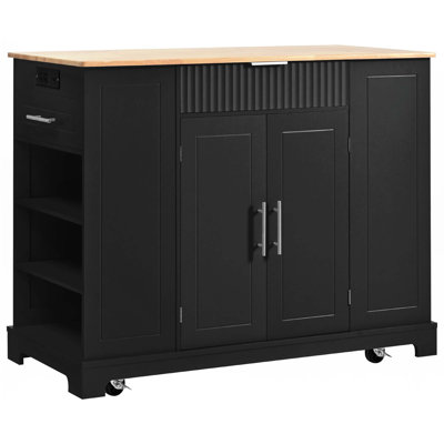 Îlot de cuisine cannelé avec armoire de rangement pour poubelle, prise de courant, 5 roulettes, 3 tiroirs, 3 supports latéraux ouverts pour poubelle de 10 gallons