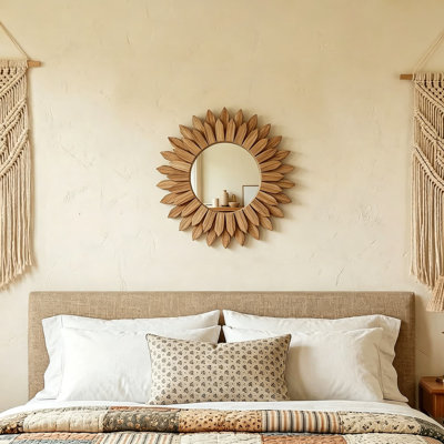 Miroir soleil fait à la main Boho - décoration murale ronde en bois avec motif de soleil rustique, verre trempé incassable pour le salon, la chambre à coucher, l'entrée ou le bureau