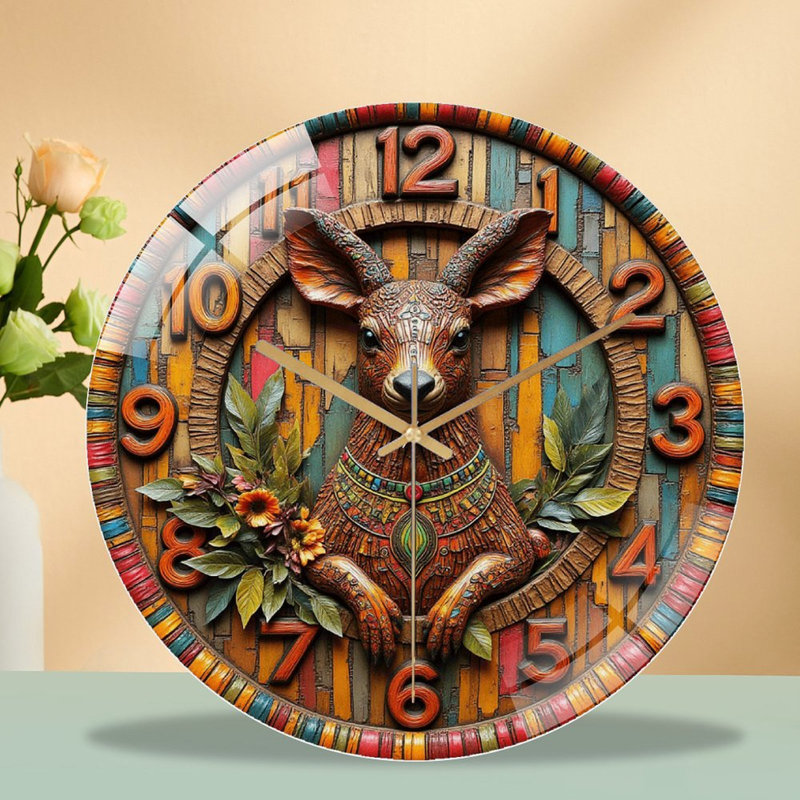 Vintage Deer Wall Clock with Colorful Design Art - 12'' Modern Glass Wall Clock