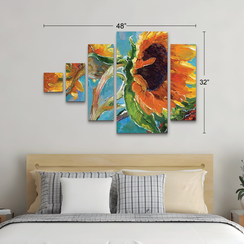 Ensemble de 5 panneaux muraux - Richard Wallich «Sun 11», art mural sur toile pour le salon, la chambre à coucher ou le bureau 