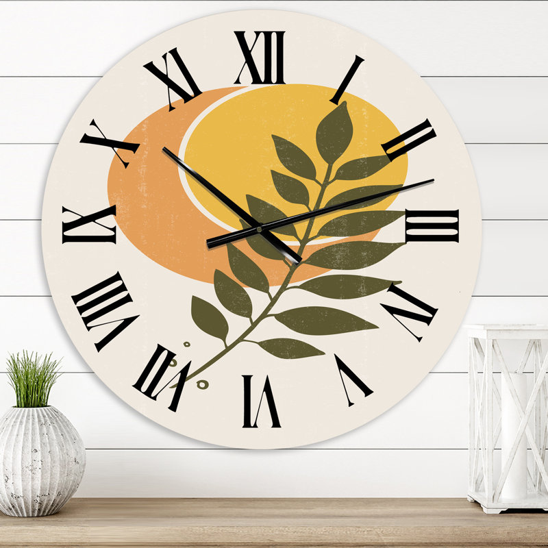 Abstrait géométrique abstrait soleil et lune avec feuille V - horloge murale moderne, Moyen