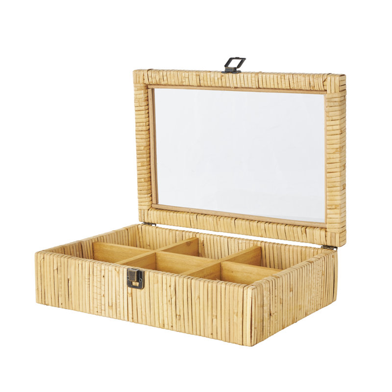 Cole And Grey Rattan Handmade Wrapped 6 Slot Jewellery Box With Tempered Glass Top