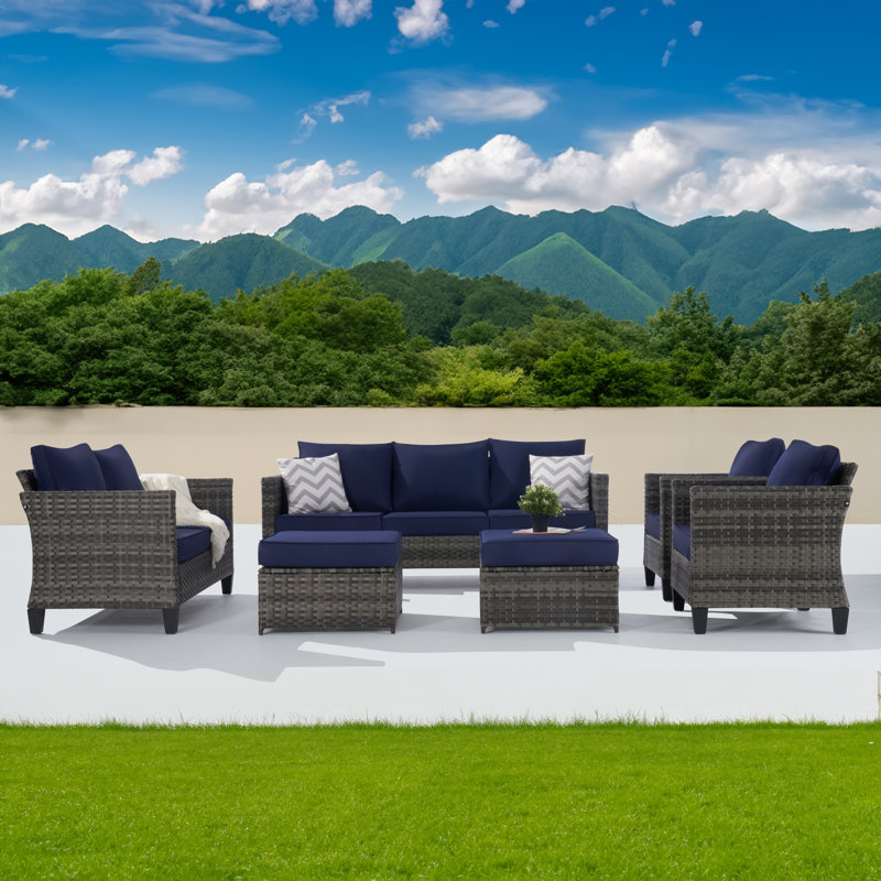 Wicker 9 - Person Patio Conversation Set, Navy Blue