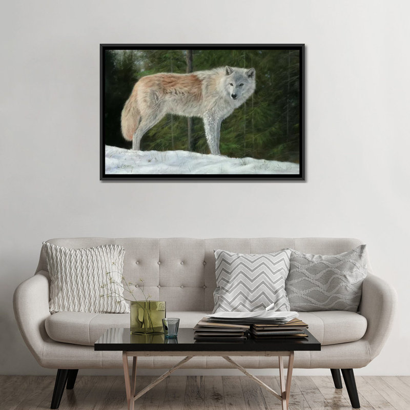 «Gray Wolf in Snow», impression sur toile, H 40 po x l 60 po x P 1,5 po, Toile avec cadre noir, Pas de tapis