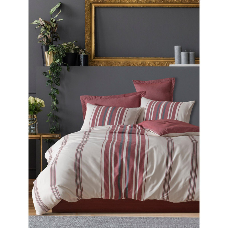 Ensemble de housse de couette, Courtepointe simple + 1 taie d'oreiller standard, Rouge / brun rayé 1