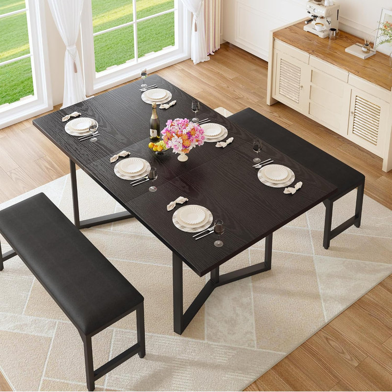 Ensemble de table de salle à manger 63 "pour 4-6, table de cuisine extensible 3 pièces avec 2 bancs rembourrés, ensemble de table de salle à manger extensible avec cadre en métal et panneau de fibres à densité moyenne, noir