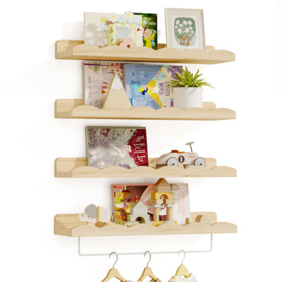 Nursery Shelves, Wall Floating Shelves with Towel Rack for Kids Set of 4