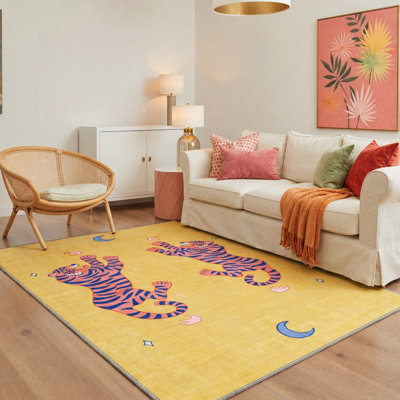 Tigris Animal Yellow Round Area Rug for Kids, Washable Rug with Non-Slip Backing