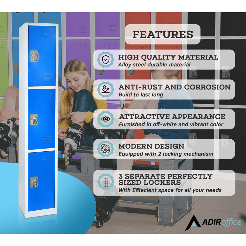 AdirOffice 72'' Blue Steel 3-Tier Storage Lockers with Vented Doors