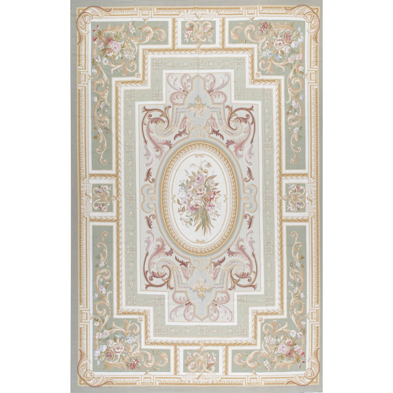 Hand-Knotted High-Quality Green and Beige Area Rug