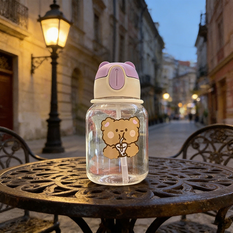 Bouteille d'eau 600 ml 2ème génération Bear Cup Bouteille d'eau mignonne avec paille BPAFree, B