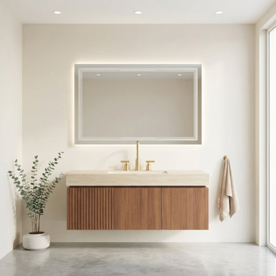 Meuble-lavabo mural 48 po en contreplaqué, grain de bois de chêne brun Heidelberg, armoire de rangement imperméable, anti-déformation et anti-moisissure avec portes et tiroirs, pré-assemblé