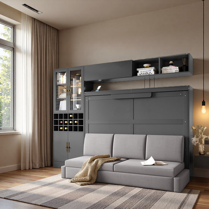 Lit escamotable mural avec canapé, tablettes USB et lumière Murphy, Gris, Lit double
