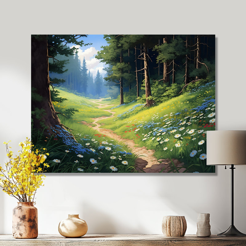 «Green Forest Path White Blooming Flowers» - impression d'art mural campagne, Toile tendue, H 30 po x l 40 po x P 1,5 po