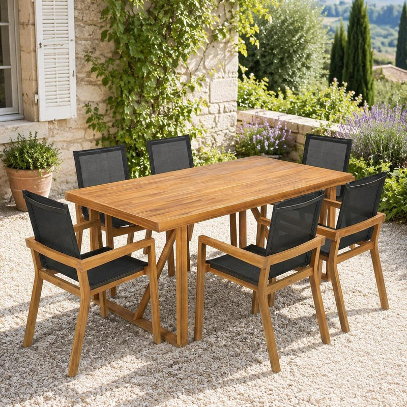 Ensemble repas d'extérieur 7 pièces en bois d'acacia avec sièges en filet