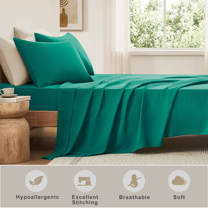TOSMO Pure Linen Sheets, Queen Sheet Set with 2 Pillowcases, Teal