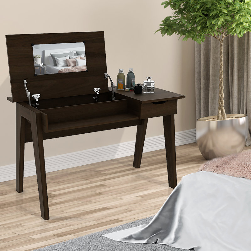 Corrigan Studio Vanity Table With Flip Mirror Writing Computer Desk Storage Drawer Walnut