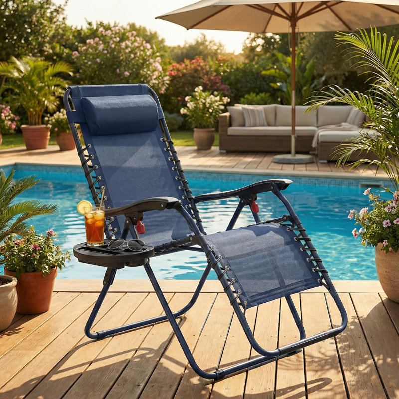 Set of 2 Zero Gravity Reclining Chairs, Folding Sun Loungers, Dark Blue