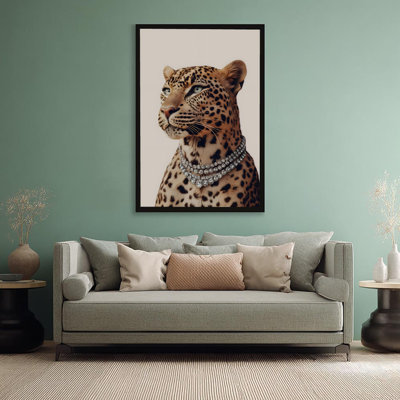 Regal Leopard Diamond Necklace Painting Black Framed Canvas Wall Art 24“x36”