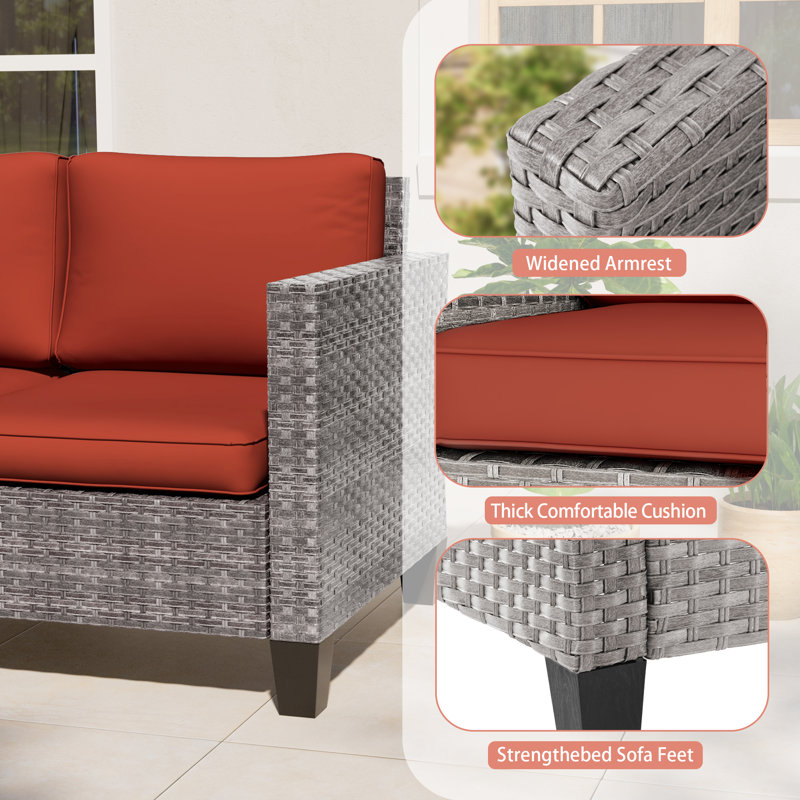 Patio Loveseat Sofa PE  Rattan Set With Thick Cushions and Sturdy Frame, Gray, Brick Red
