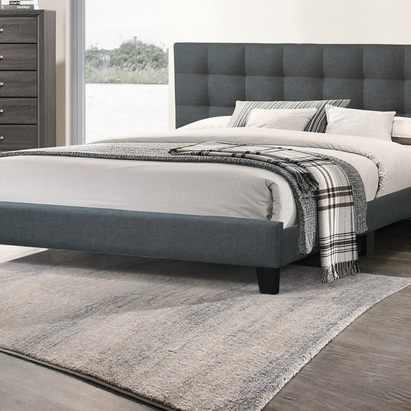 Lit plateforme moderne avec tête de lit capitonnée en polyfibre, aucun sommier requis, Grand lit, Gris anthracite