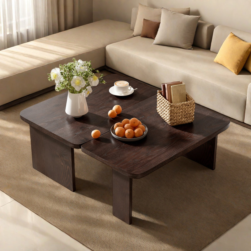 Modern Rectangle Coffee Table Set With Modular L-shape Design, Espresso