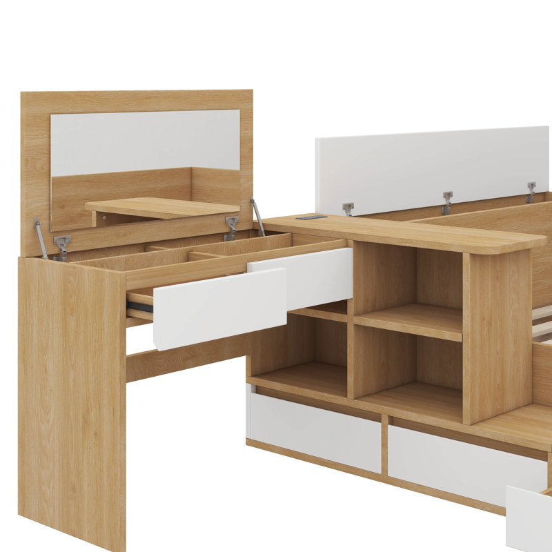 Lit plateforme double en bois avec six tiroirs, des tablettes et une coiffeuse, Natural