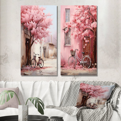 Rose et blanc fleurs printanières vélo I - ensemble d'art mural en métal bicyclette de 2