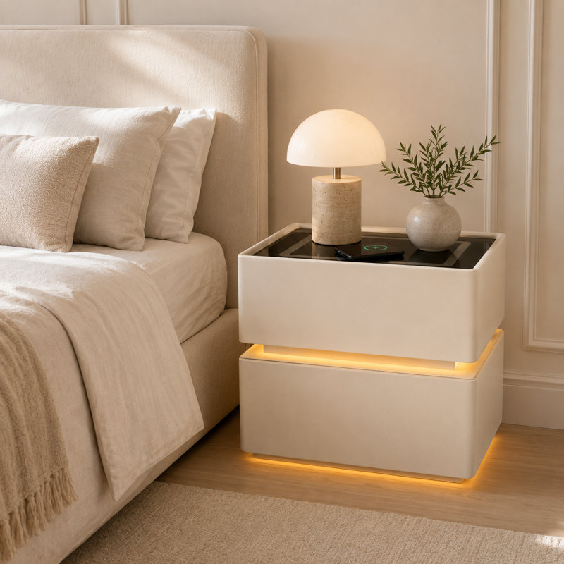 Table de chevet moderne à 2 tiroirs avec charge sans fil, lumières DEL de nuit 3 couleurs, ensemble de lumières DEL à capteur (entièrement assemblé)