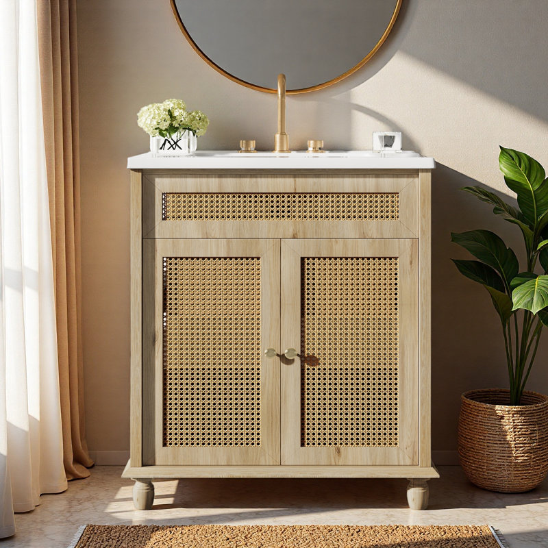 Meuble-lavabo de 30 pouces: portes en rotin tissé à la main, pieds en bois massif