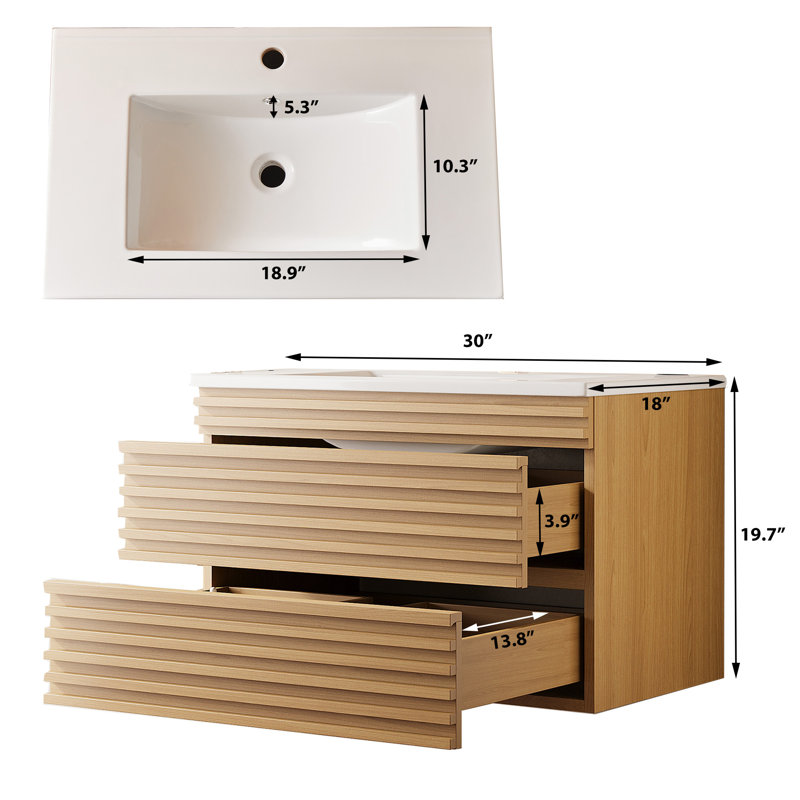 Meuble-lavabo simple mural et flottant avec lavabo en céramique, 30"