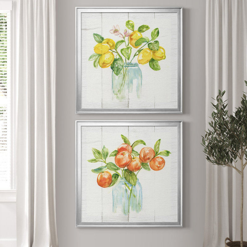 Branches de citron - ensemble de 2 impressions, Pas de tapis, Toile encadrée argentée, H 30,5 po x l 61 po x P 3 po