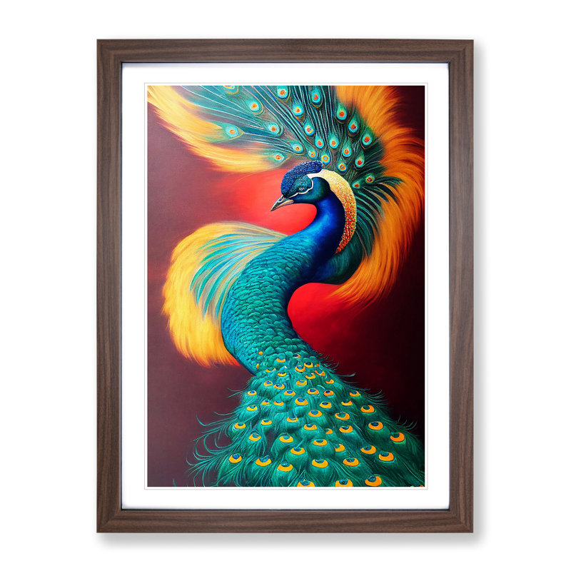 Bold Peacock Art No.2 - Wall Art, 36cm H x 27cm W x 2cm D, Walnut Framed, White