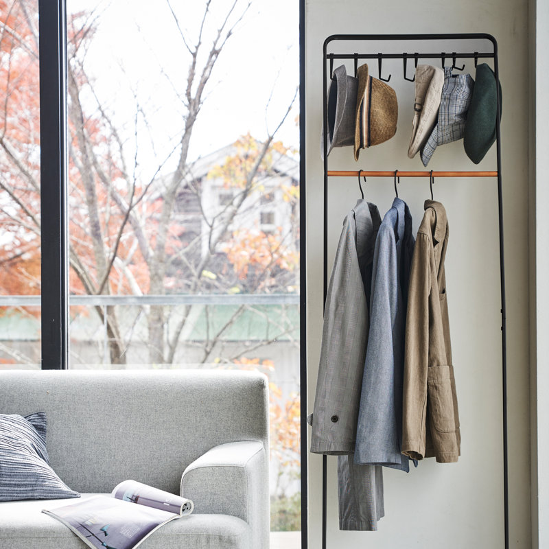 White and Natural Wood 8-Hook Freestanding Coat Rack