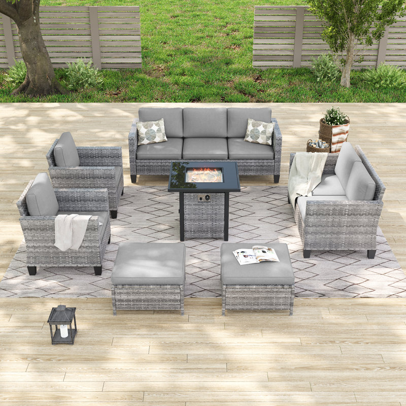 7-Pieces Patio Sofa Sets with 28'' Fire Pit Table, PE Rattan Wicker for Patio , Deck and Yard, Gray, Gray